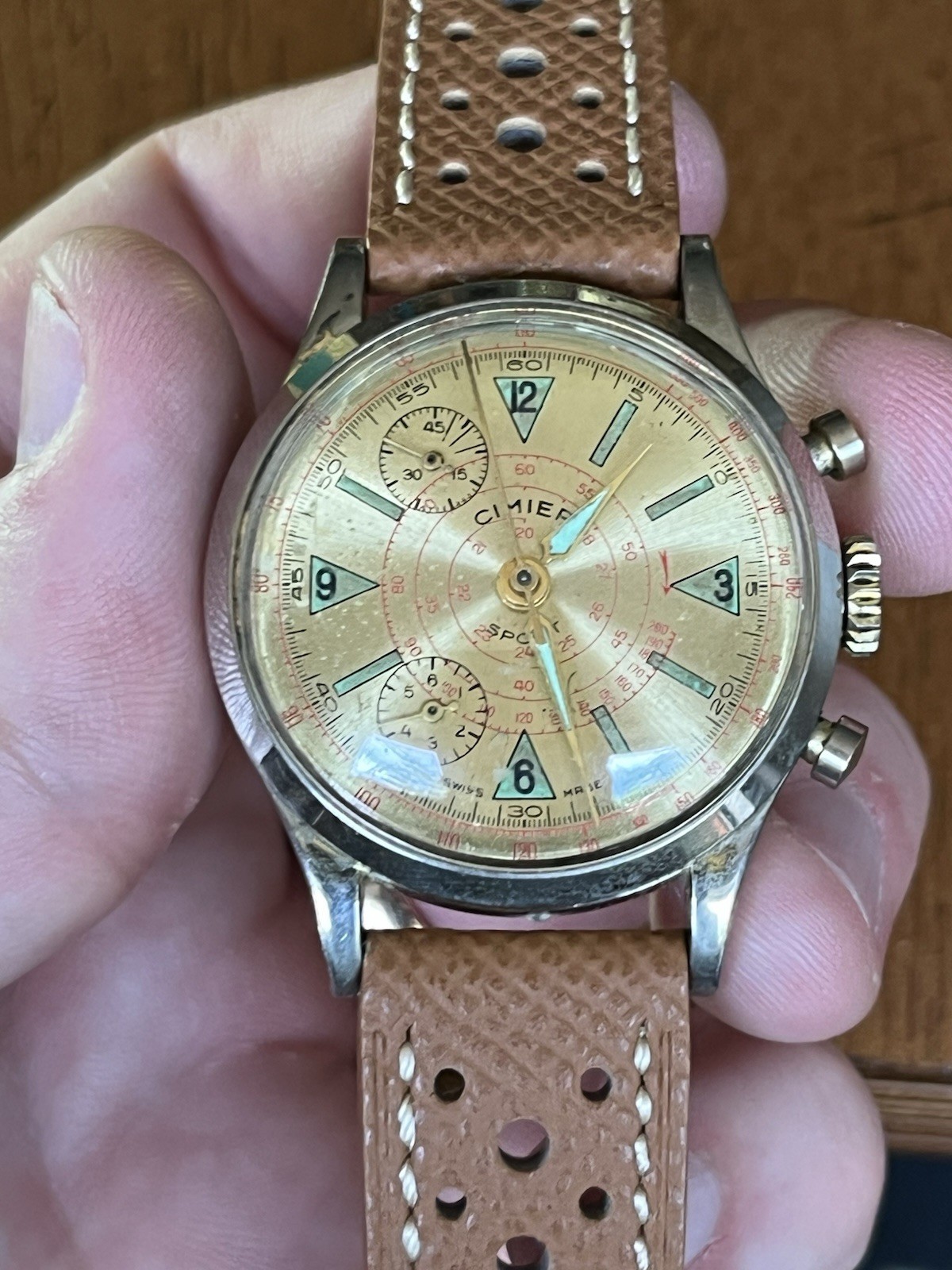Vintage Cimier Swiss 2-Register Chronograph Gold Dial Manual Wind Runs