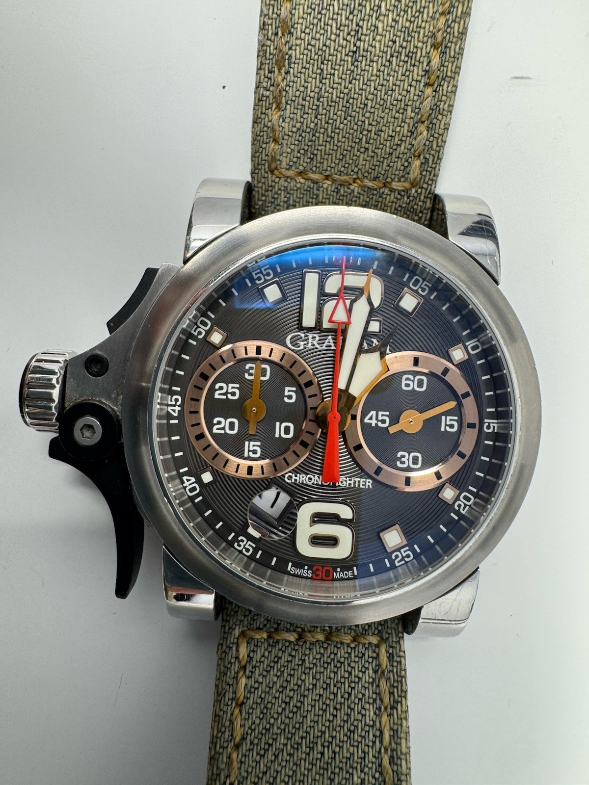 Graham Chronofighter Automatic Chronograph Military Watch Black Dial Box Papers