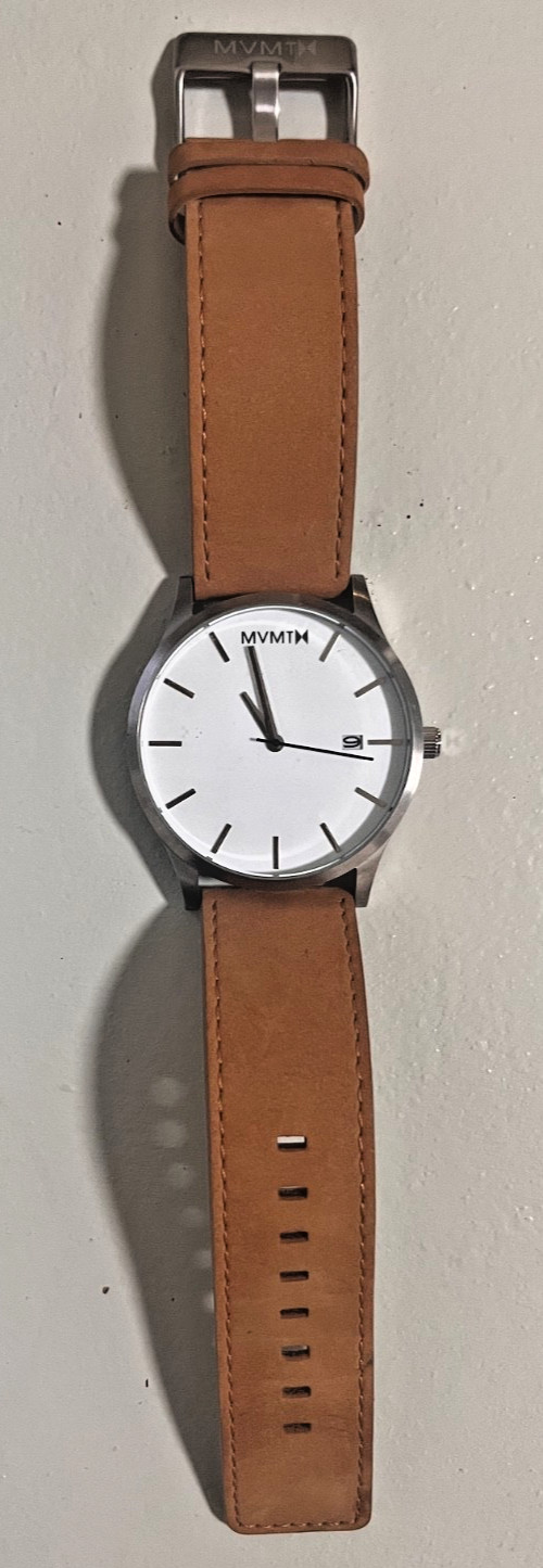 MVMT Watch – Silver Case – White Dial – Brown Leather Band – Minimalist Analog