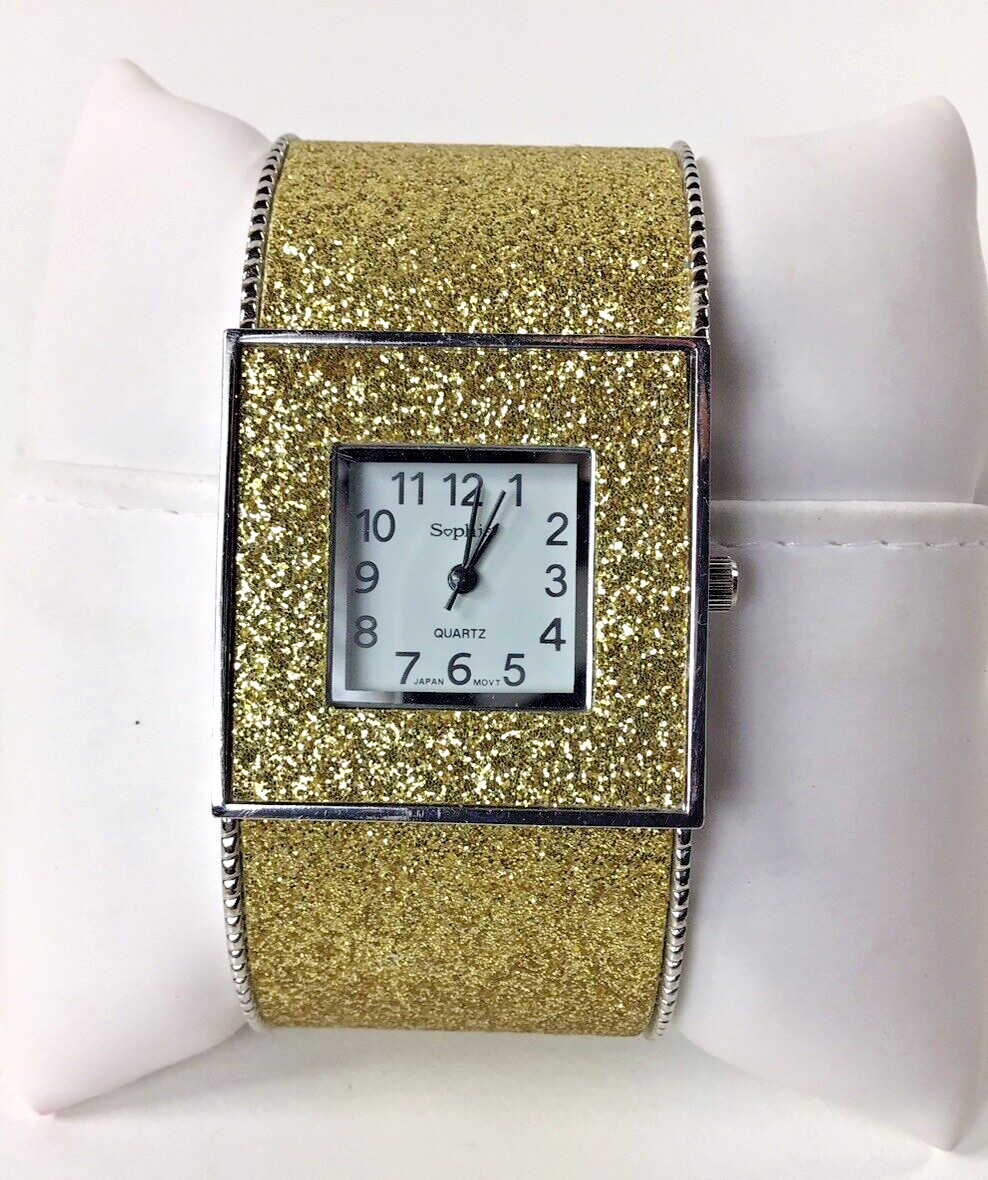 NOS Sophie Ladies Quartz Watch Gold Tone Glitter Cuff Bracelet New Battery