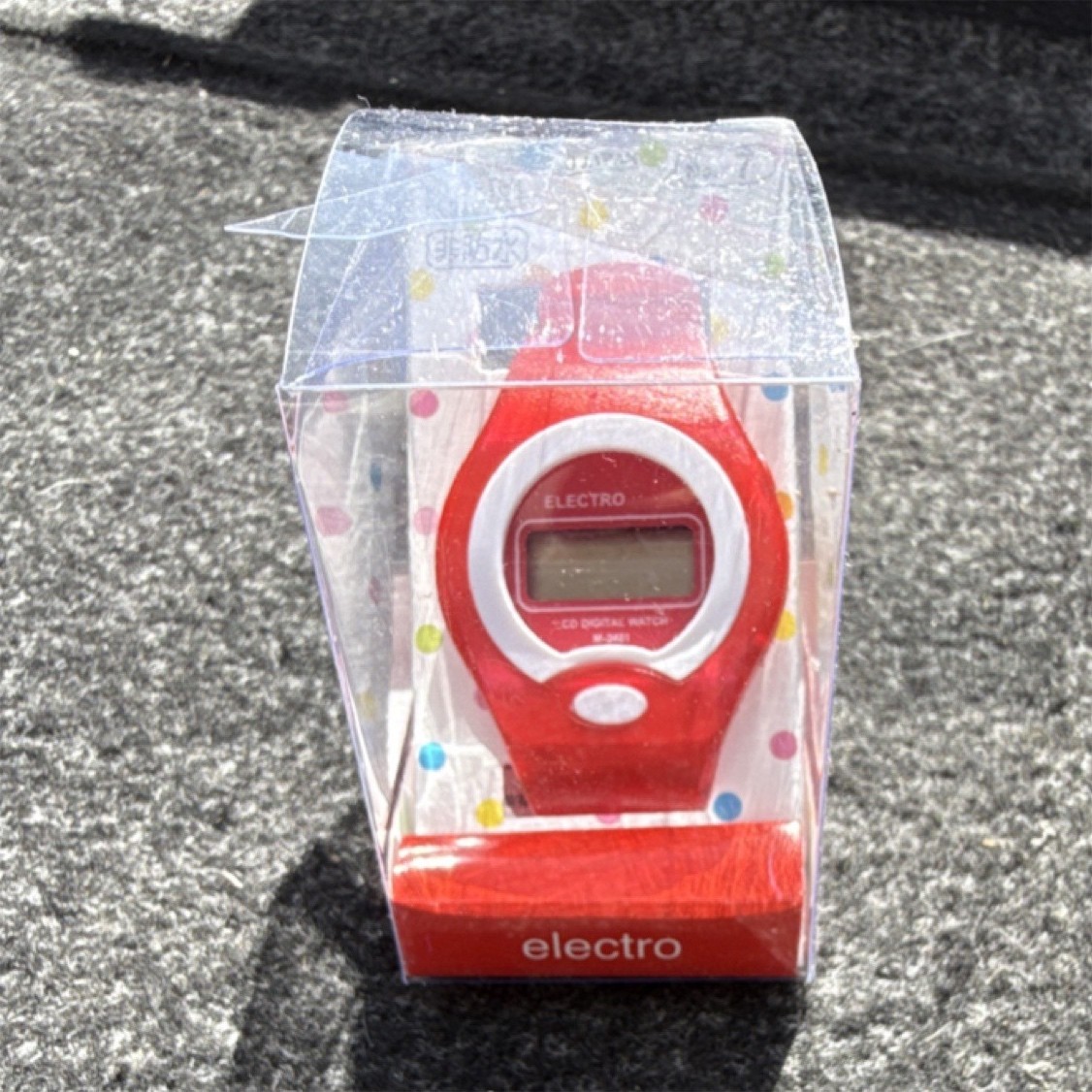 Electro LCD Digital Quartz Red Wristwatch PVC Strap ABS Case Original Box -Daiso