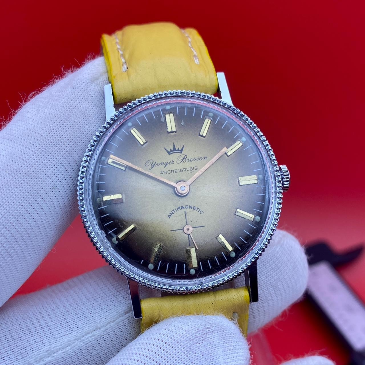 Vintage Yonger Bresson Watch Mens Manual WindSmall Second Gold Dial Yellow Strap