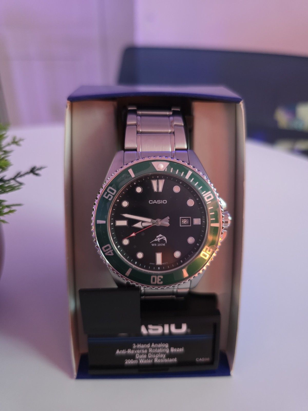 Casio Duro Quartz Analog 44mm Black Dial Green Bezel SS Bracelet w/ Box