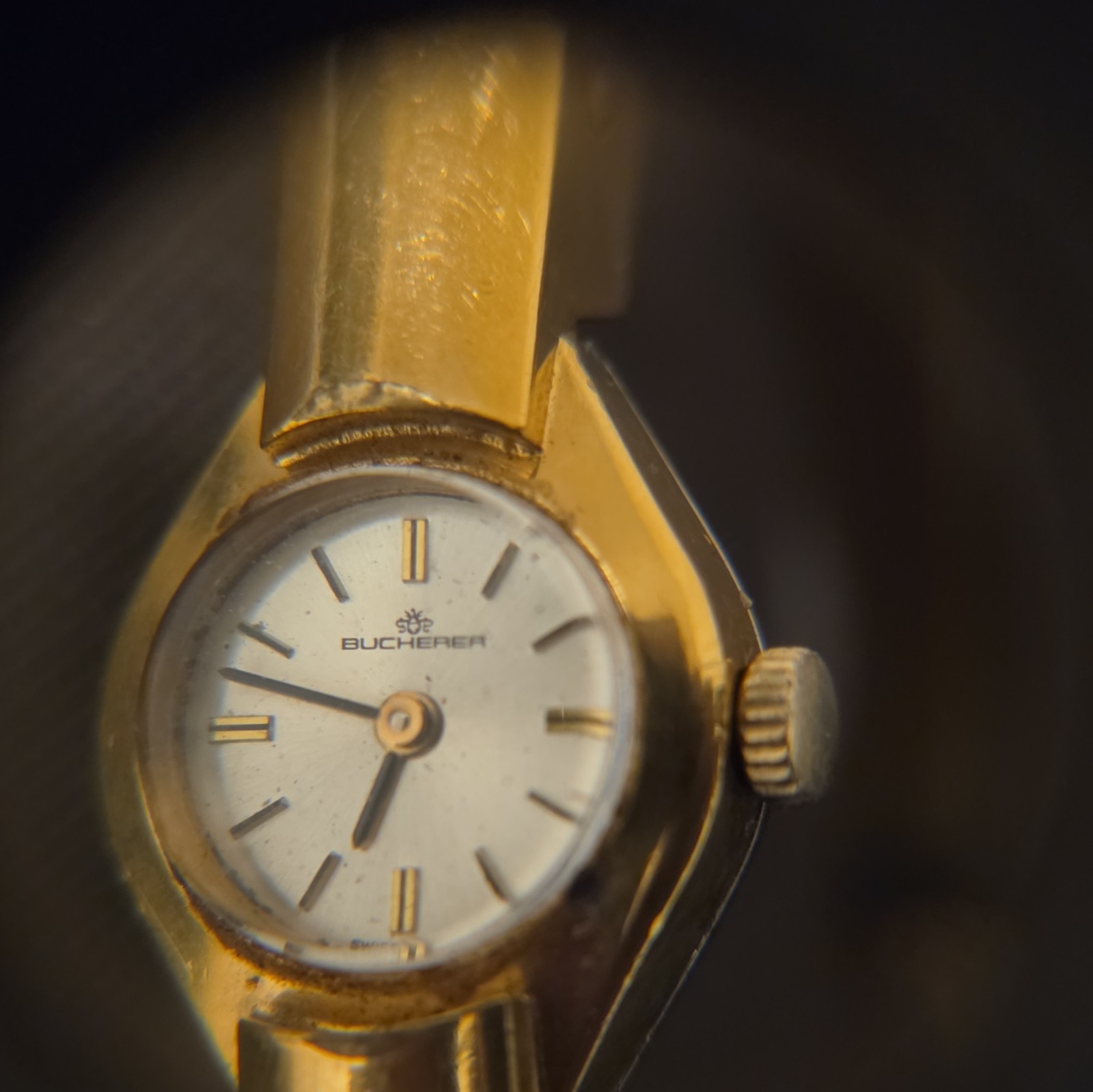 Bucherer Vintage Women’s Manual Wind Watch Gold Tone Bangle Silver Dial 17J