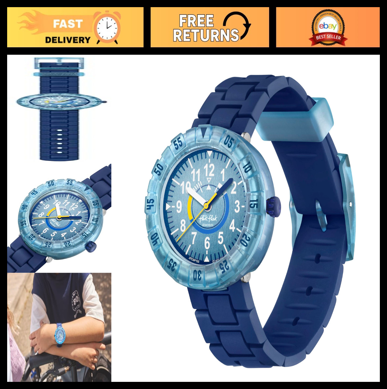 Kids Casual Blue Waterproof Quartz Watch – Flik Flak Style, Durable Polymer Desi