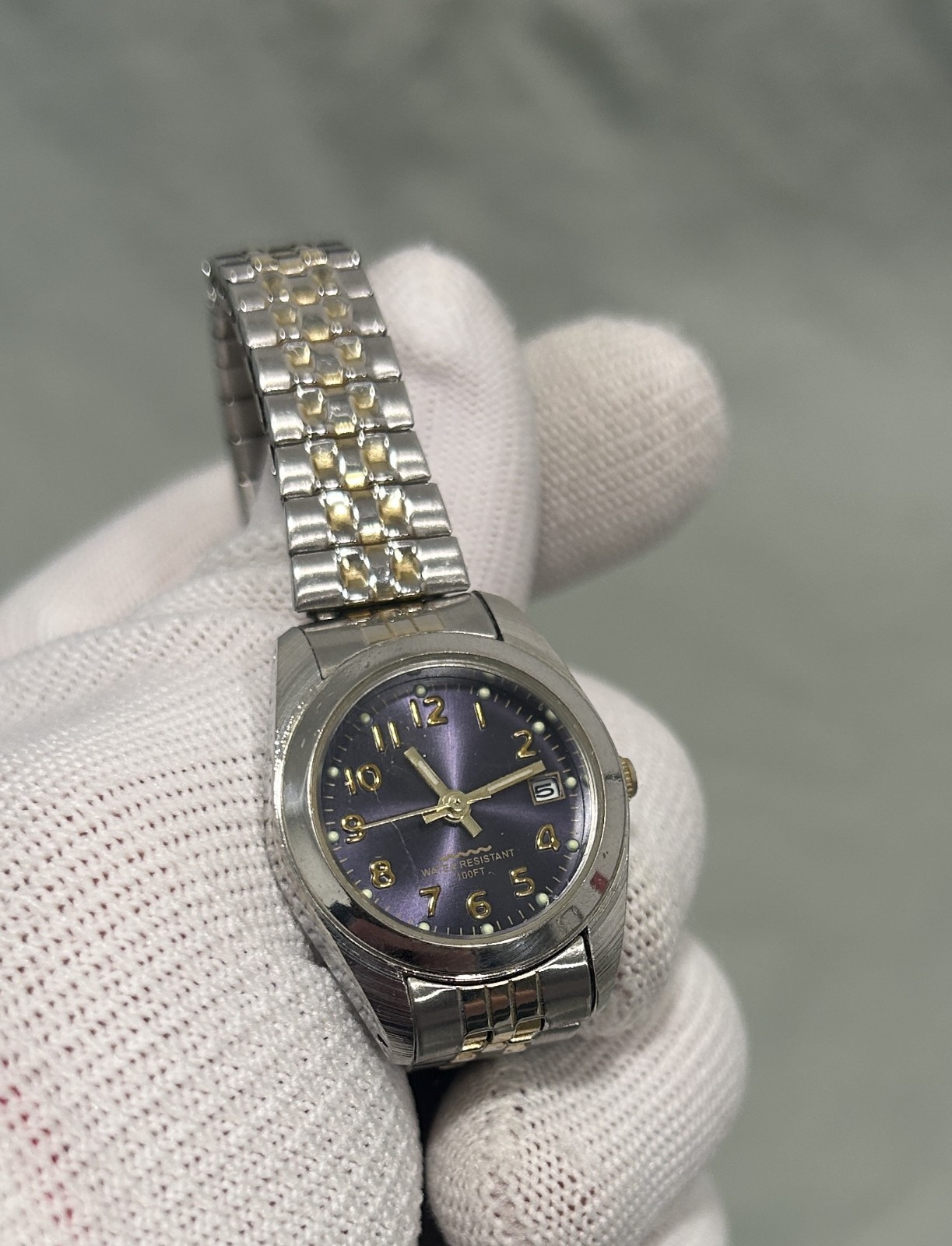 Women’s Quartz Watch Purple Dial Date Two-Tone Stretch Band WS770 PC22