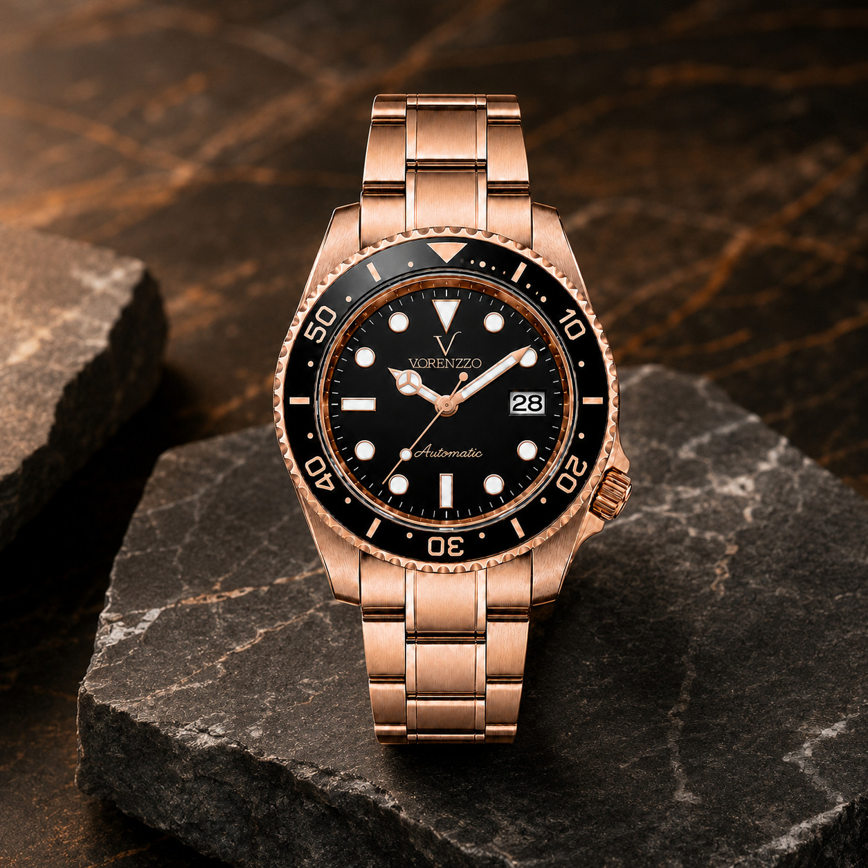 VORENZZO Automatic Watch 40mm Rose Gold Black Dial Sapphire Date Men’s