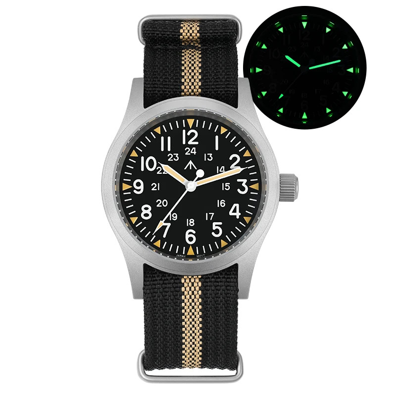 38mm Field Watch VH31 Sweep Quartz Sapphire Crystal 100M Screw Down Crown Men