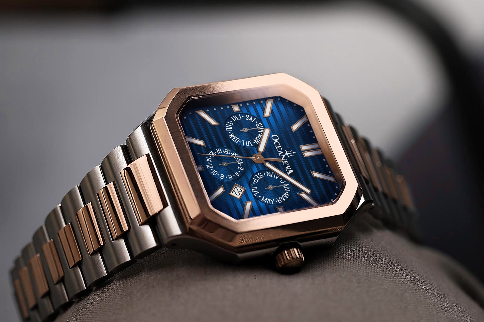 Oceaneva Men’s Tenuis Automatic Calendar Thin Watch – Blue & Rose Gold