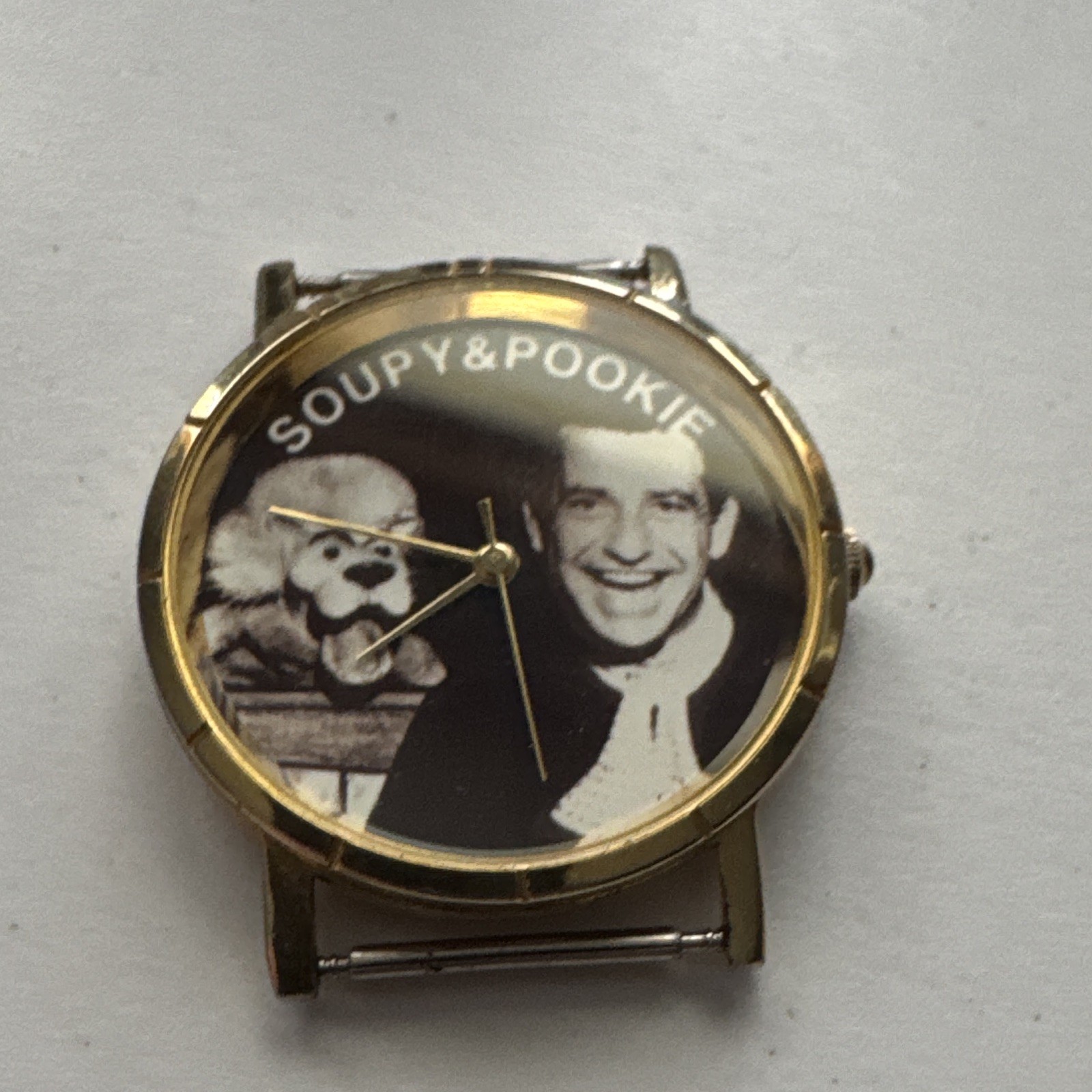 MTM Soup & Pookie Photo Dial Quartz Analog Wristwatch Gold Tone Metal Band