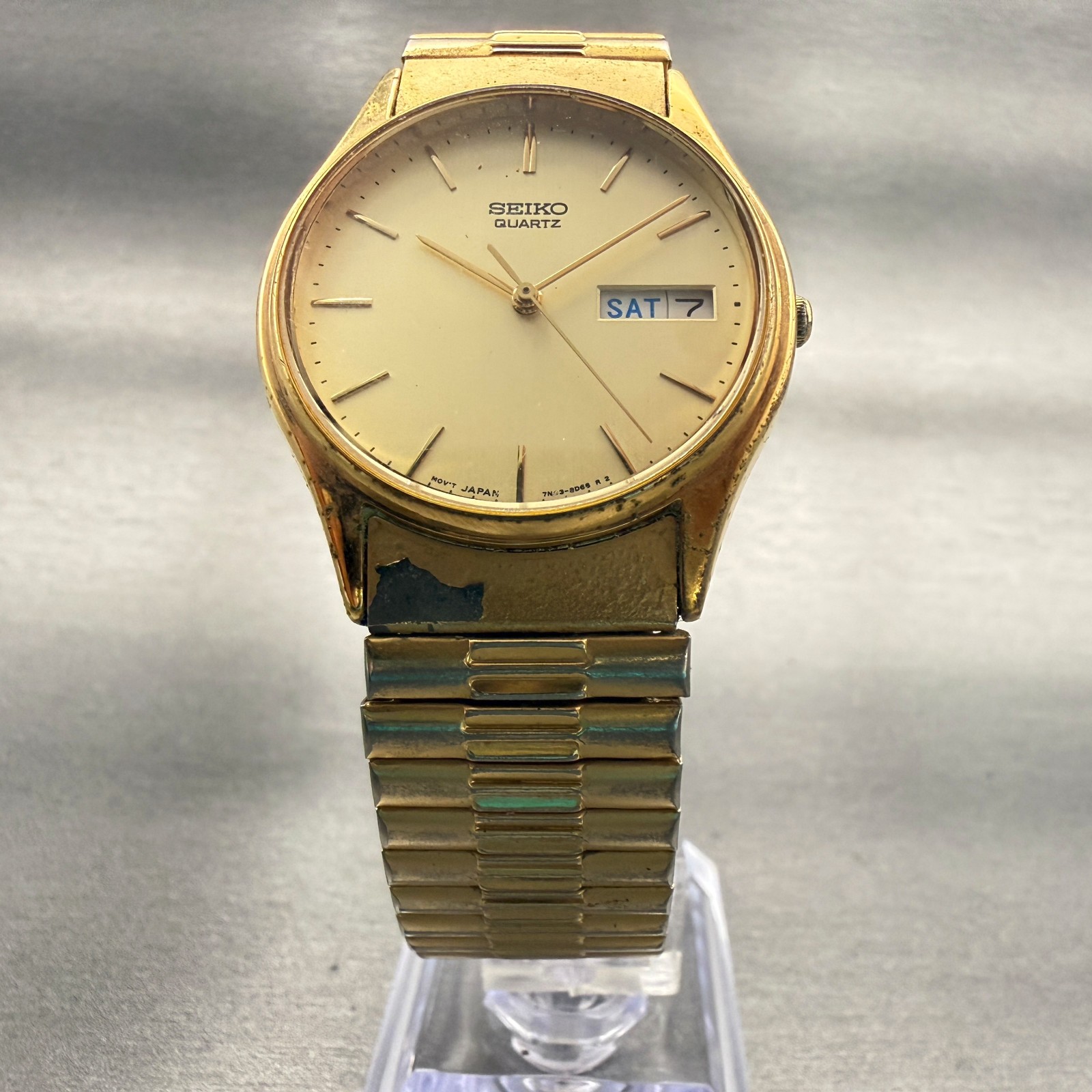 Seiko Watch Men 34mm Champagne Dial Gold Tone Daydate Round 7N43-8A89 New Batt