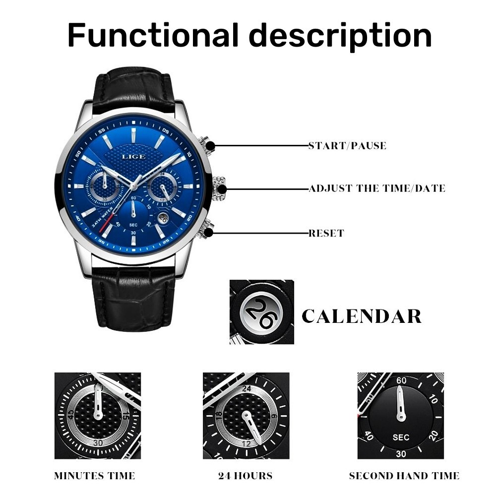 Luxury Men Watch Quartz Luminous Date Chronograph 3ATM Waterproof Man Wristwatch