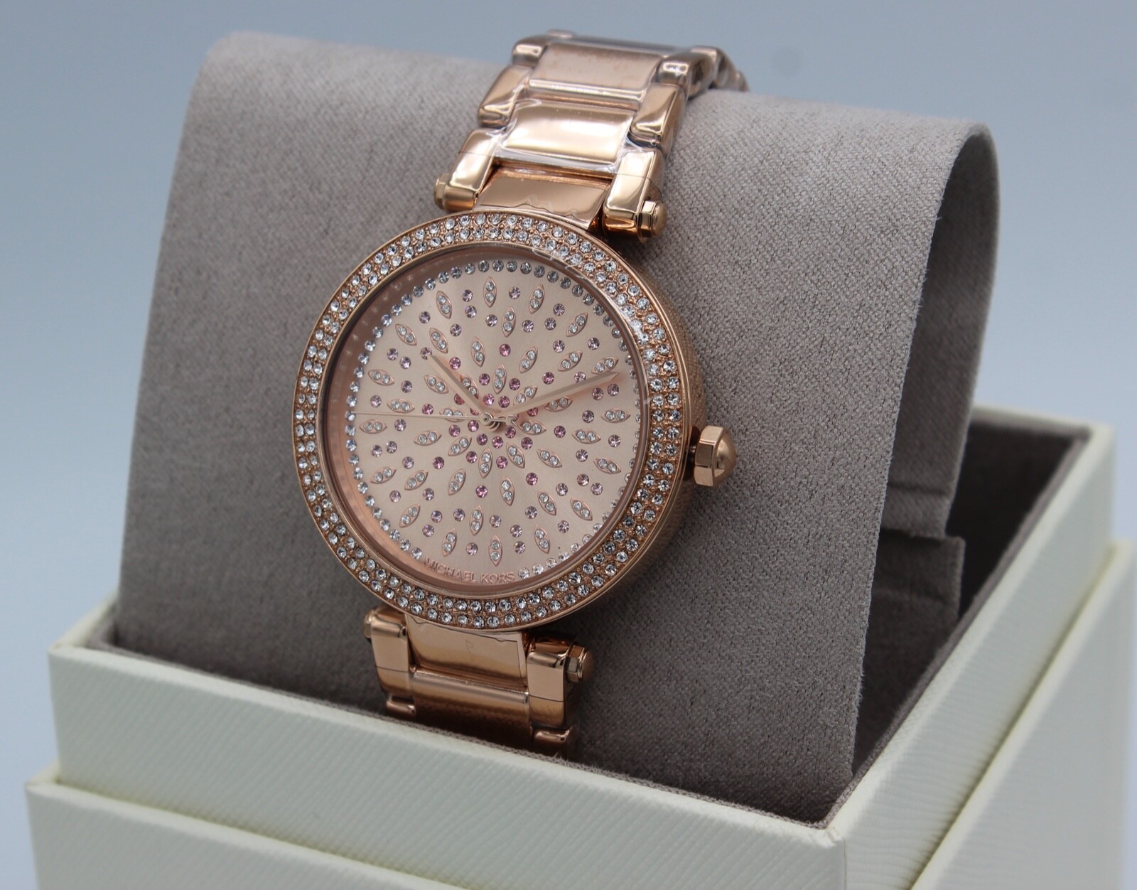 NEW AUTHENTIC MICHAEL KORS PARKER ROSE GOLD CRYSTALS GLYTZ WOMEN’S MK7286 WATCH