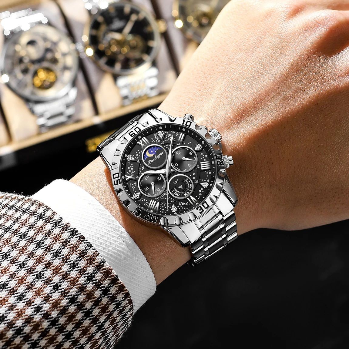 POEDAGAR Luxury Men’s Quartz Watch 3ATM Luminous Stainless-Steel Chronograph