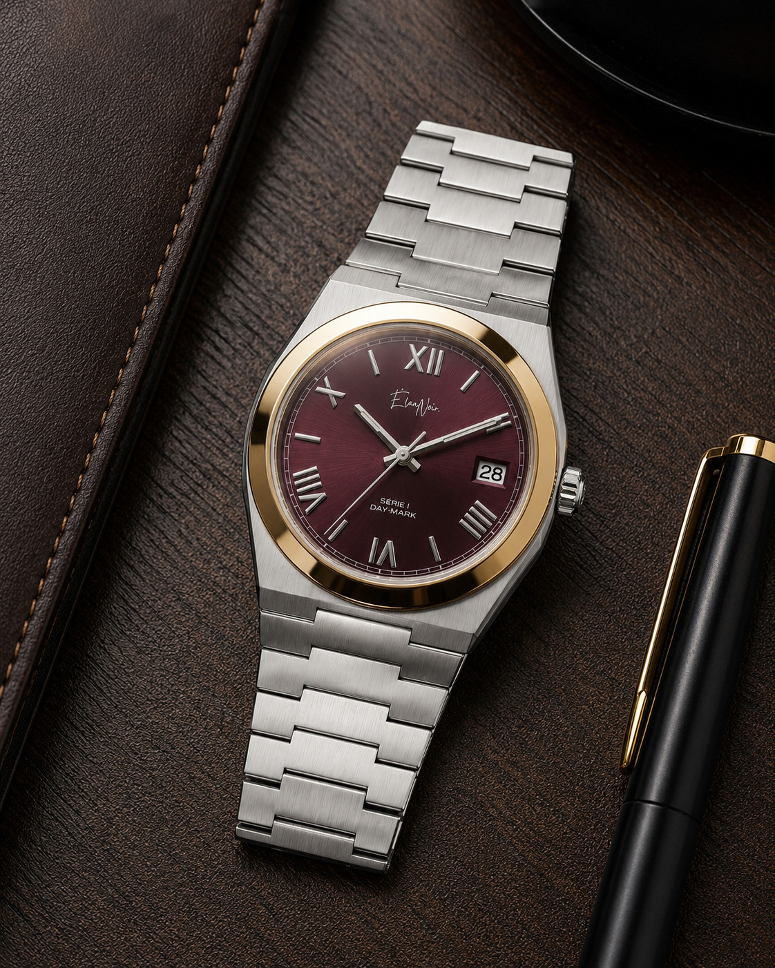 Élan Noir Série I Maroon/Gold 36mm AutomaticNH35 Sapphire Crystal Steel Watch