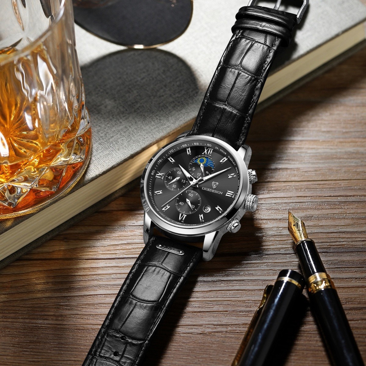 Men’s Watch Quartz Leather Band Luminous Date Chronograph Waterproof Wristwatch