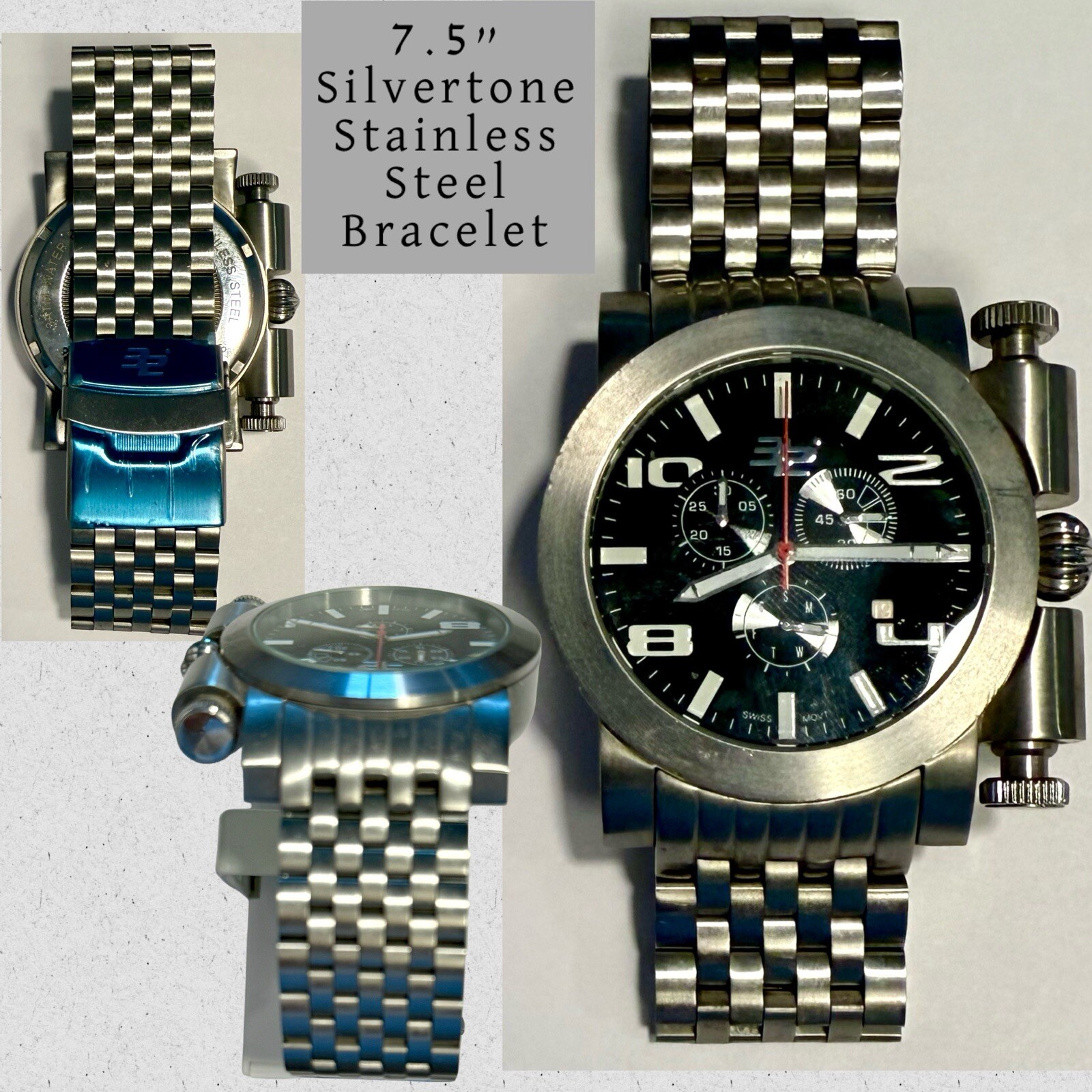 45mm Rare Push Button Design Swiss Chrono Slvrtn 7.5” Bracelet 32 DEGREES Watch