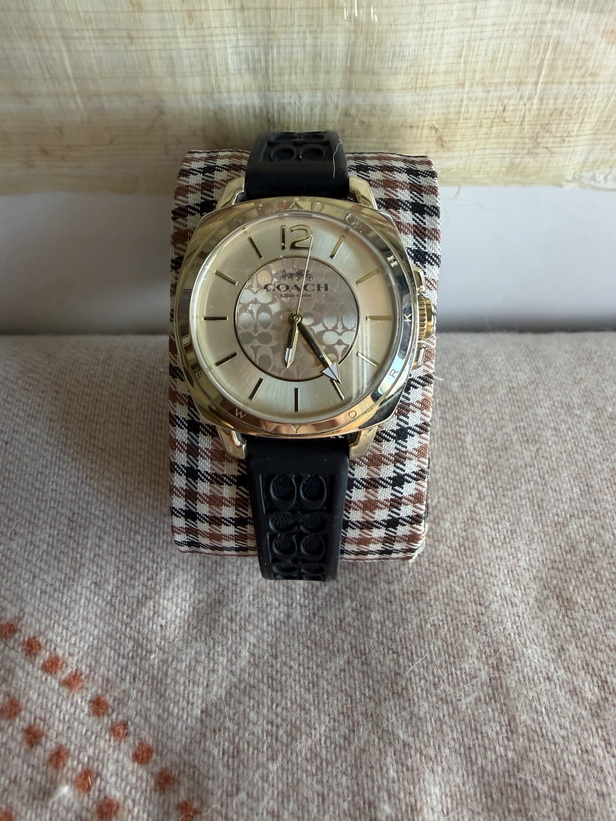 Coach Women’s Quartz Analog Watch Gold Dial/Case Black Rubber Strap 43mm