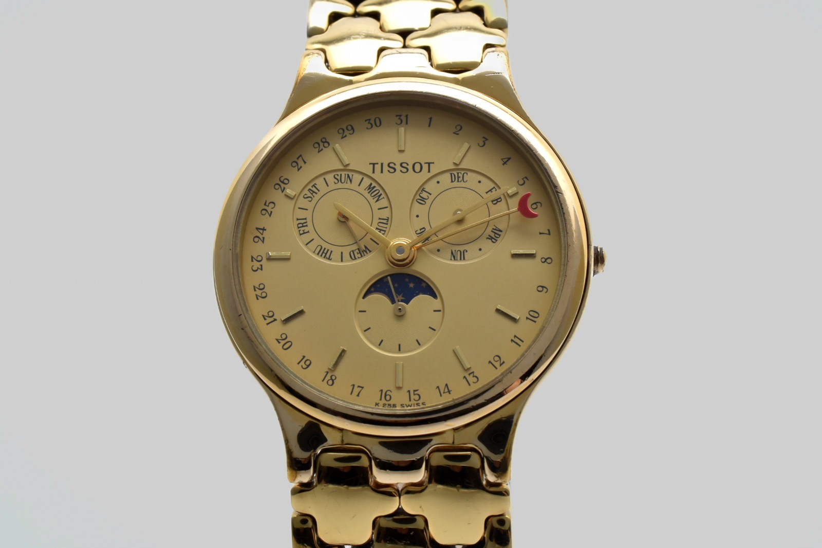[Exc+5] TISSOT Triple Calendar K255 Gold Pointer Date Moonphase Men Quartz Watch