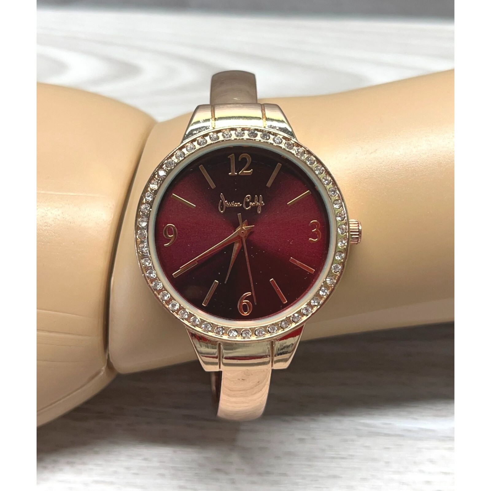 Jessica Carlyle Watch Cuff Bracelet Rose Gold Tone Quartz Rhinestones