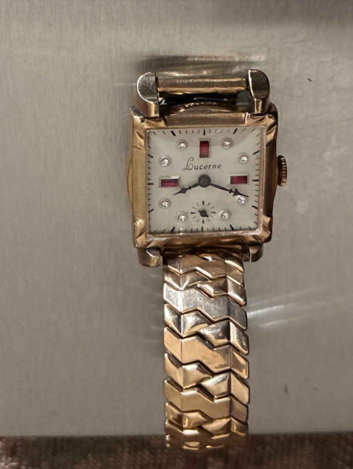 Vintage Men’s Lucerne Ruby Diamonds Watch Fancy Lugs Drema 1/20 10k GF Bracelet