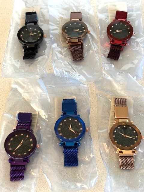 LOT 6 Women Starry Blk/Bronze/Red/Purple/Blue/Rose Gld Mesh Watch Magnetic Band