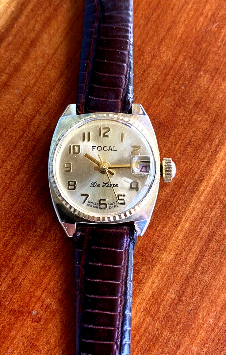Focal Womens Watch DeLuxe Gold Tone Red Date Swiss Movt. Mechanical Works