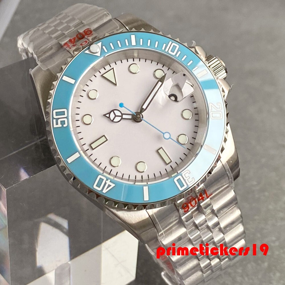 NH35 Sapphire Blue White 40mm Automatic Watch for Men Exhibition Back Date Lume