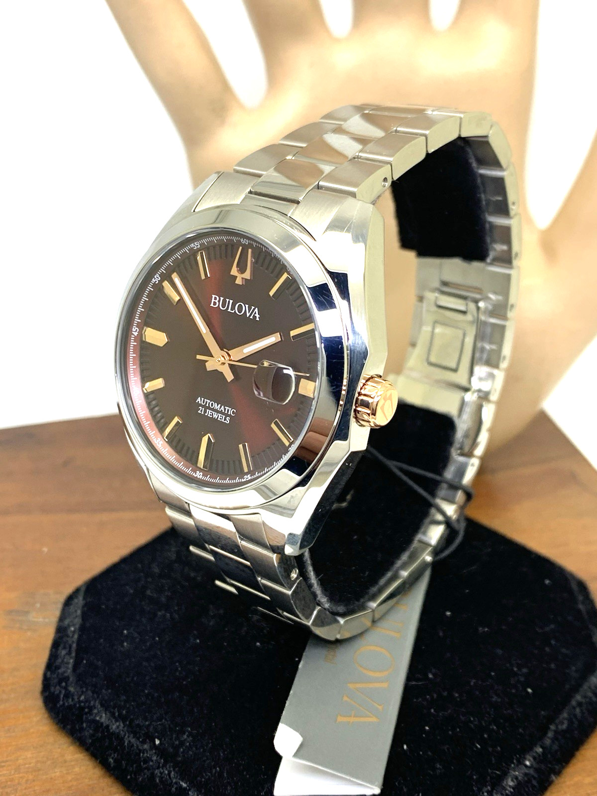 Bulova Men’s Watch 98B422 Automatic Burgundy Dial Silver Stainless Steel 39mm