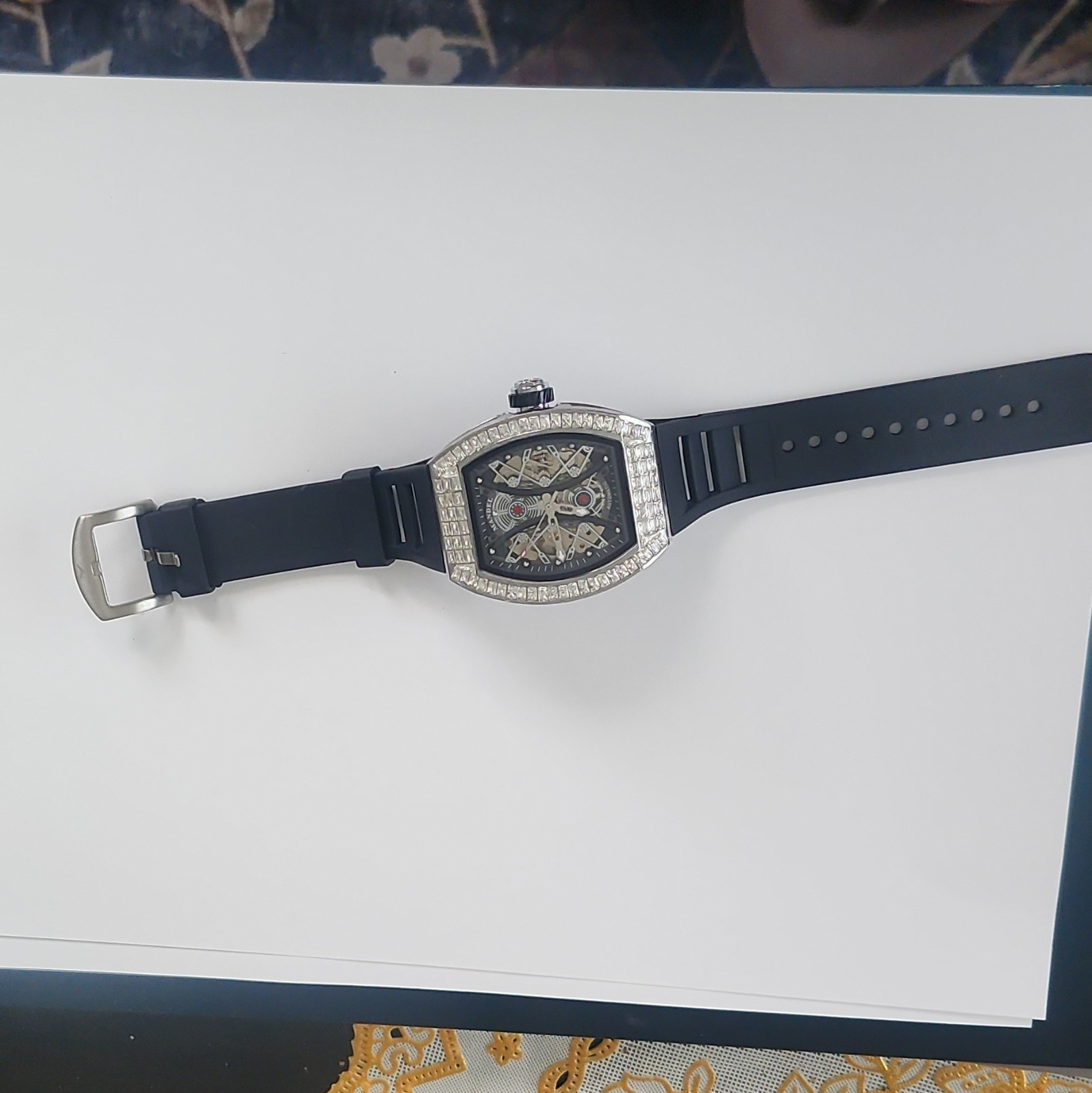 Skeleton Dial Tonneau Wristwatch Silver SS Case Black Rubber Strap Exhibition