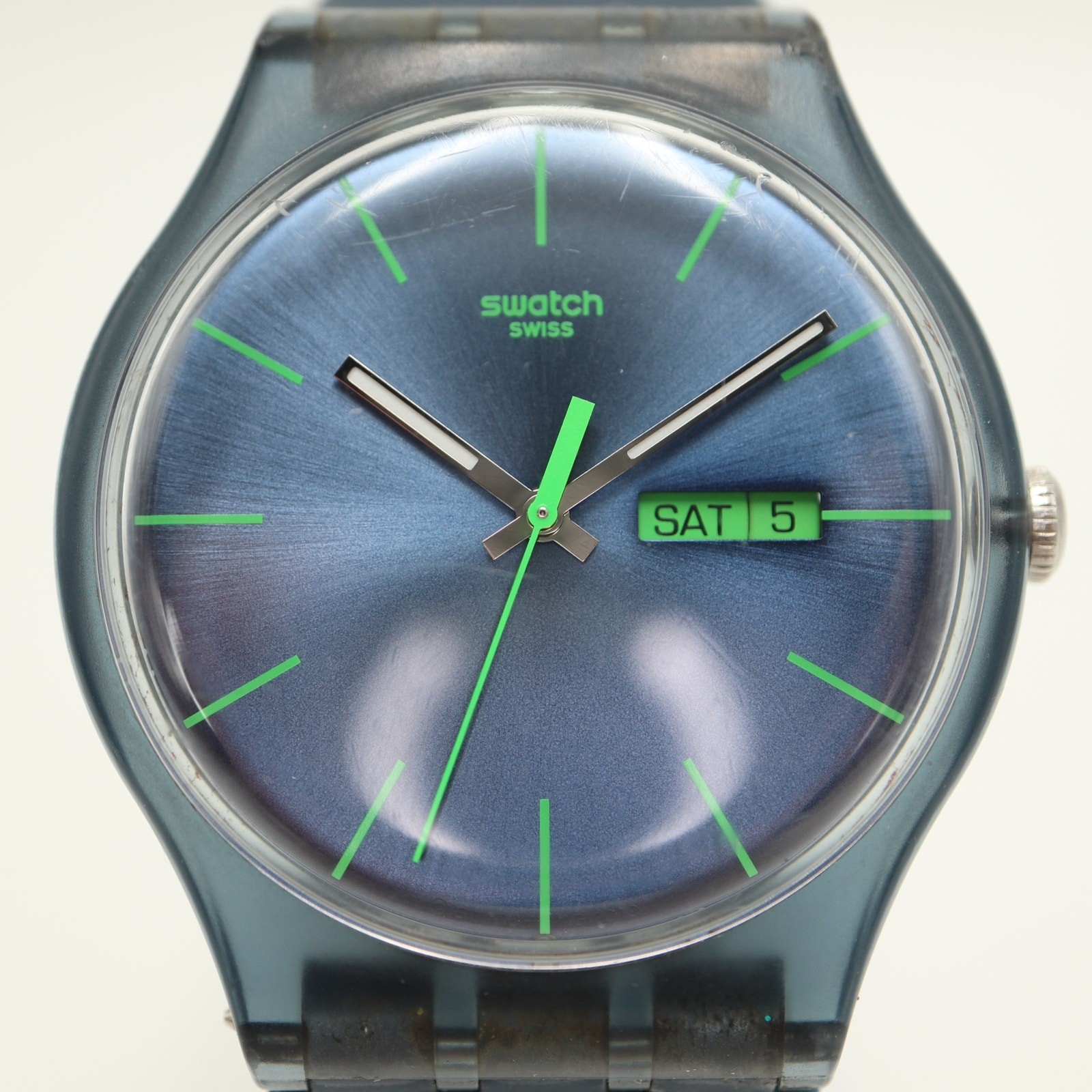 Swatch Blue Rebel Mens Watch 40mm Swiss Blue Green Day Date with New Battery