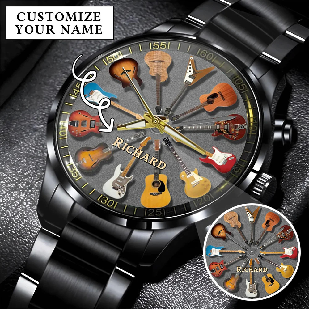 Personalized Guitar Music Band Guitarist Musician Men Stainless Steel Watch Gift