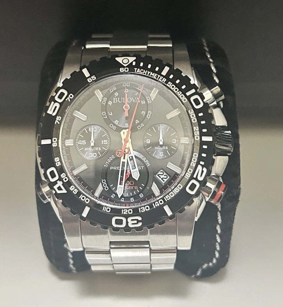 Bulova Precisionist Chronograph Tachymeter Date Black Dial SS 300m 48mm