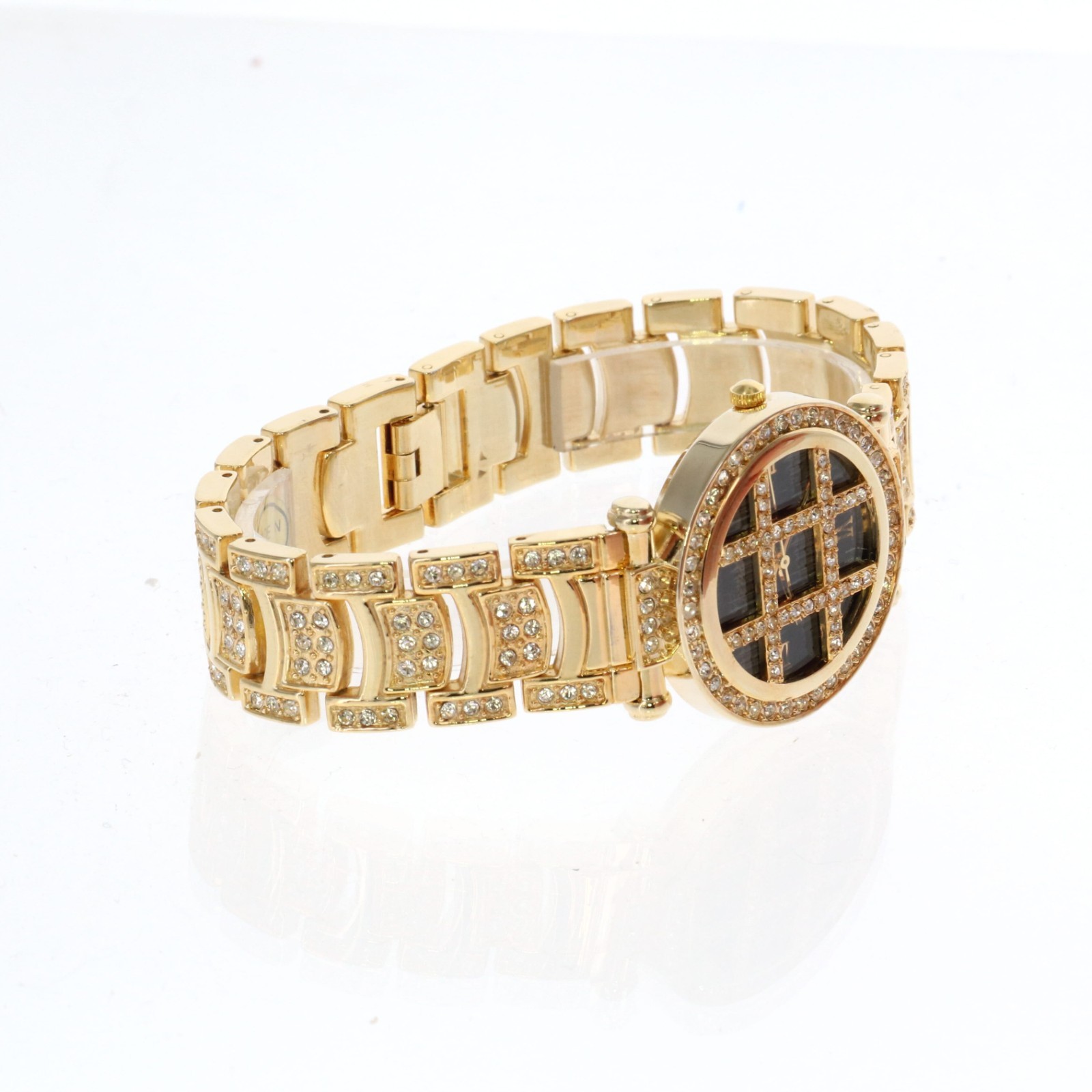 Women’s Gold Tone Fully Iced Bezel & Band Watch Black Dial 35.5mm
