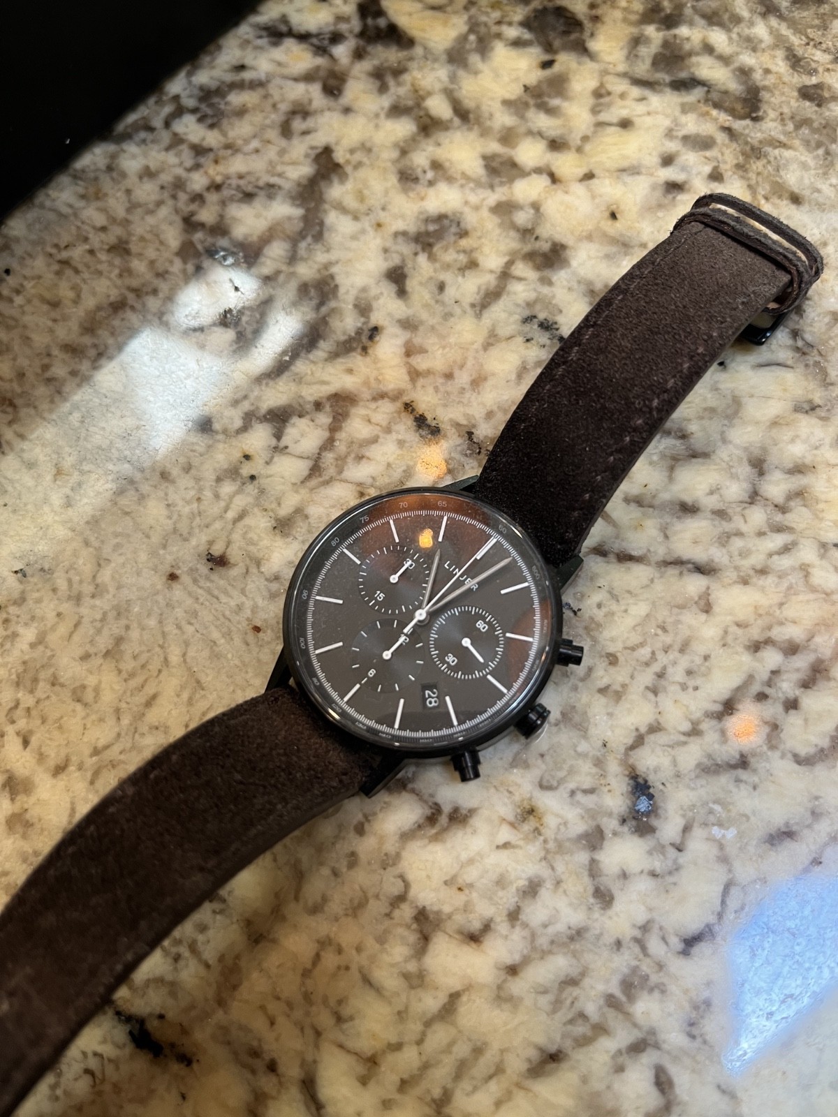 Rare Linjer Chrono Black Dial Quartz Watch – Sleek Minimalist Design! w/box&card