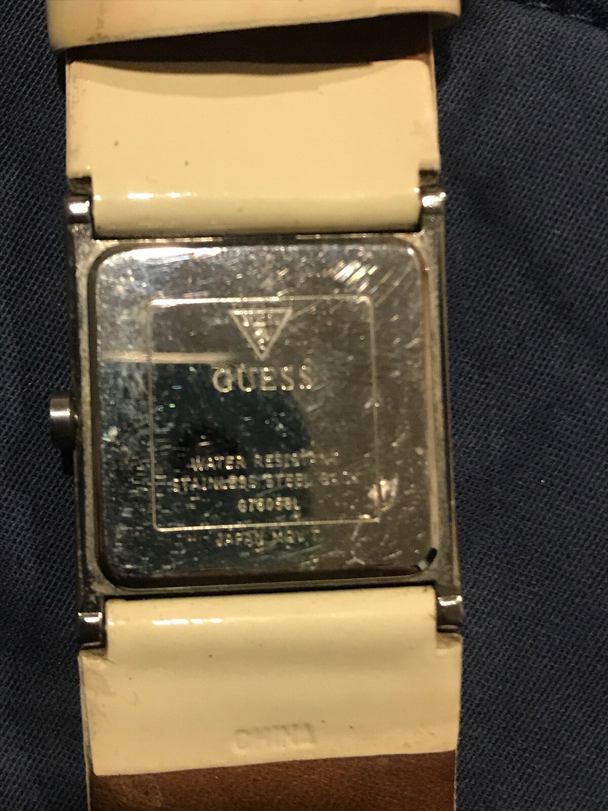 GUESS Women’s Teen Watch Cream Leather Band, Silver Dial W/ Rhinestones Y2K