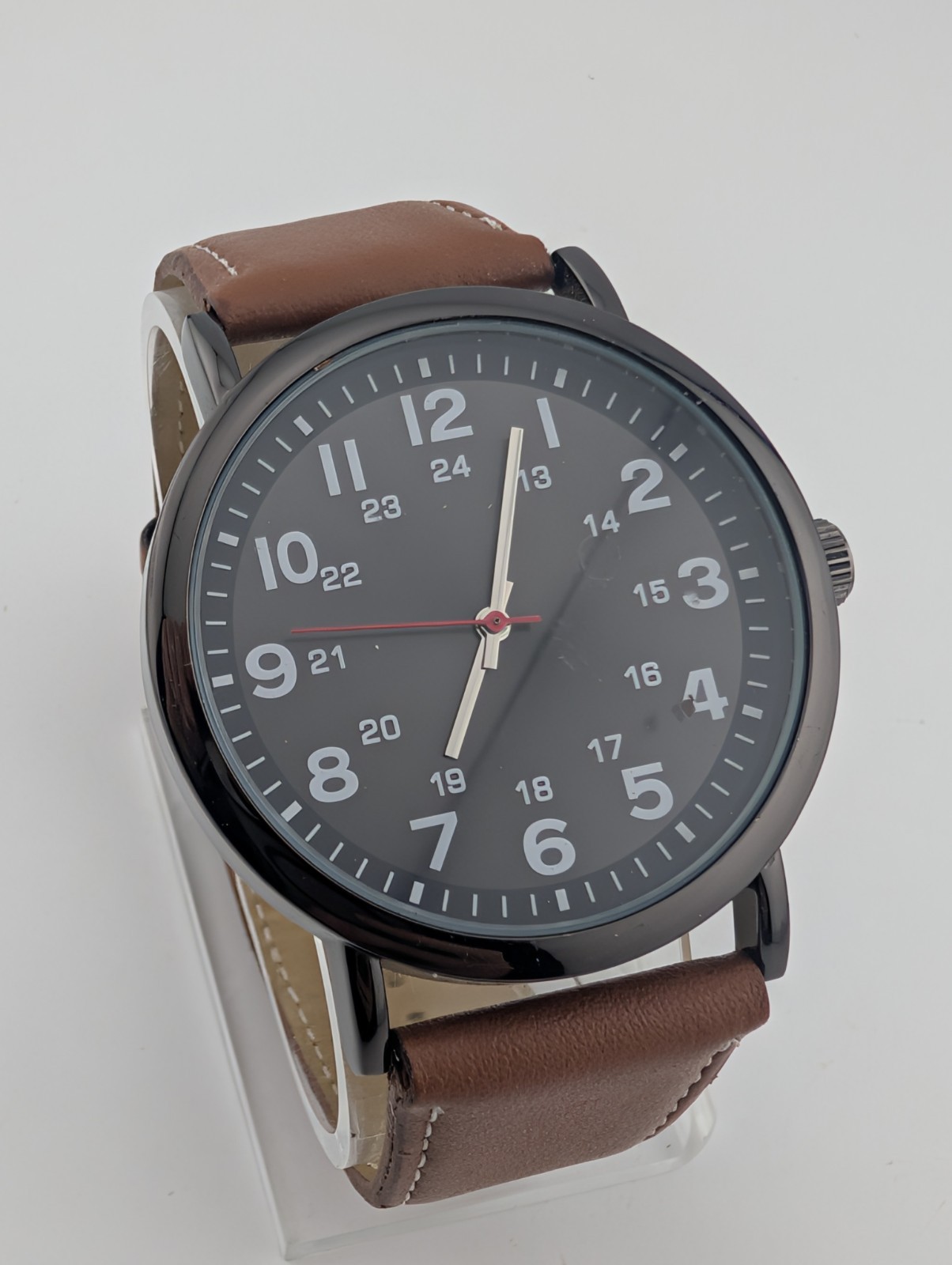 George Watch Men 45mm Black Case Brown Vegan Leather Band- New Battery