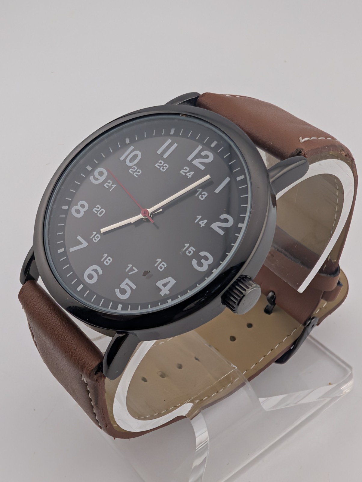 George Watch Men 45mm Black Case Brown Vegan Leather Band- New Battery