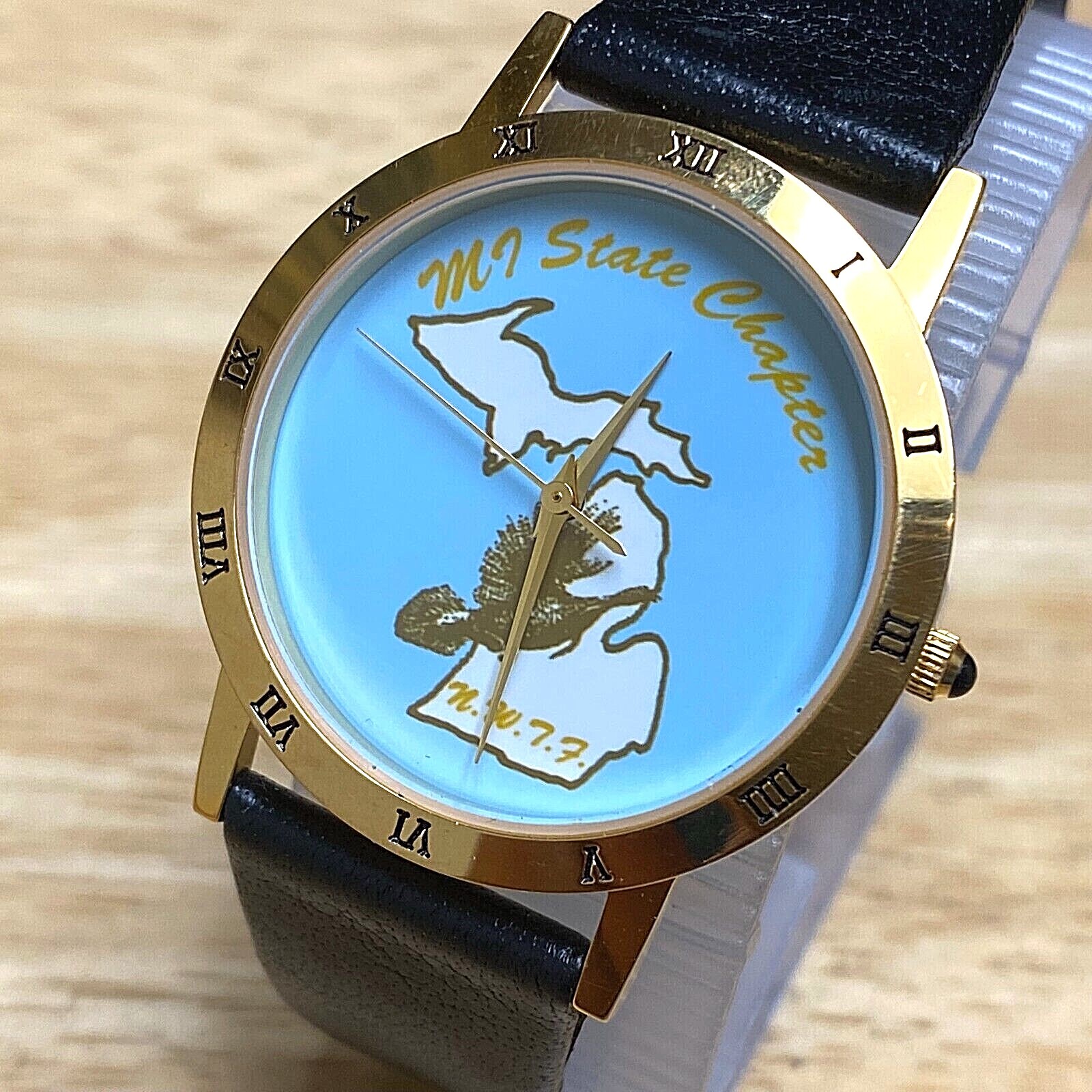 Unused Image MI State Chapter Gold Tone Leather USA Made Quartz Watch~New Batter