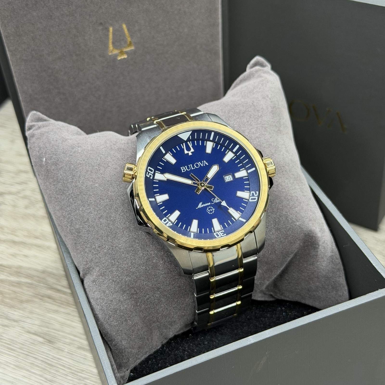 SPORT✅ Bulova Marine Star Blue Dial Calendar Two-Tone Men’s Watch 43mm 98B384