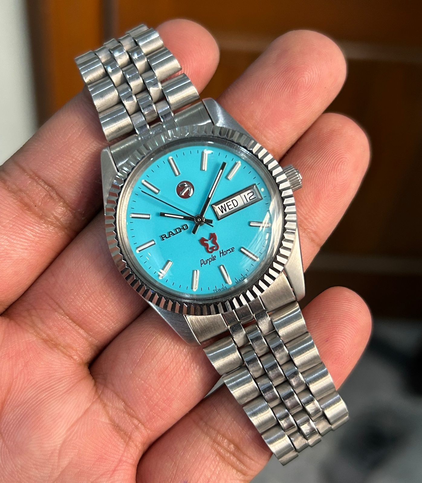Vintage Rado Purple Horse Sky Blue Dial Wrist Watch For Mens Japan Swiss