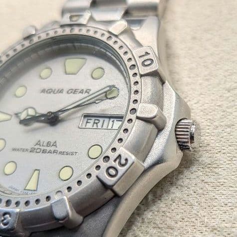 1994 SEIKO ALBA Aqua Gear V348-6A40 Diver Quartz Sandblast Silver Dial Running