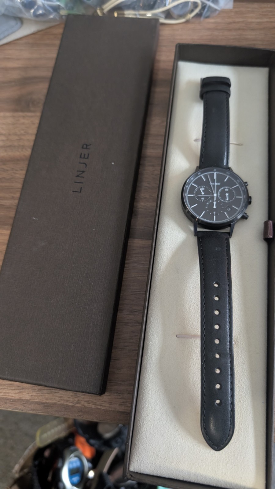 Rare Linjer Chrono Black Dial Quartz Watch – Sleek Minimalist Design! w/box&card