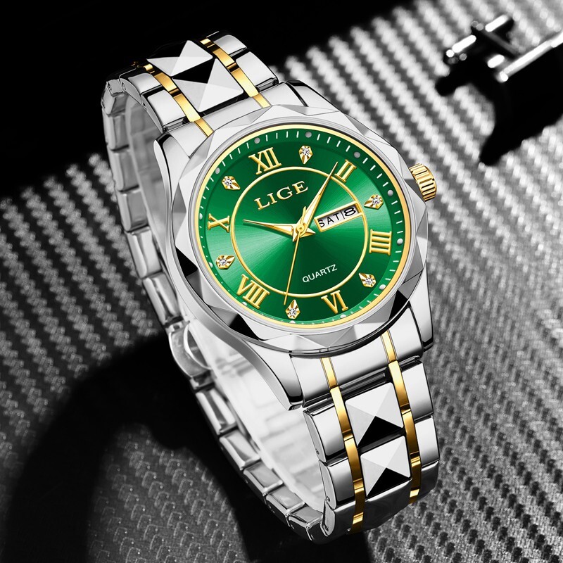 LIGE Men Watch Quartz Stainless Steel Luminous Date Green Dial Daily Wristwatch