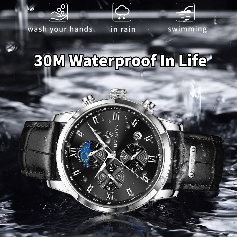 Men’s Watch Quartz Leather Band Luminous Date Chronograph Waterproof Wristwatch
