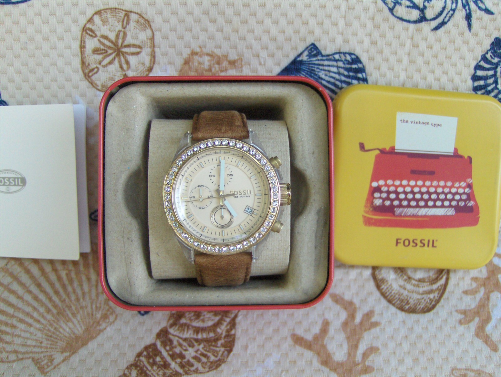 FOSSIL DECKER CH 2724 3 EYE CREAM FACE DIAL SWAROVSKI CRYSTAL STONE BEZEL