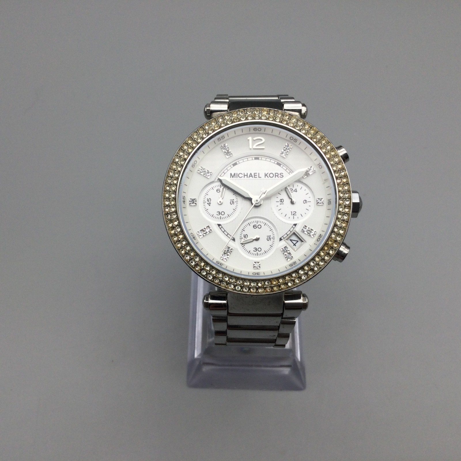 Michael Kors Watch Women MK-5353 Pave Silver Tone Date New Battery 6.5″