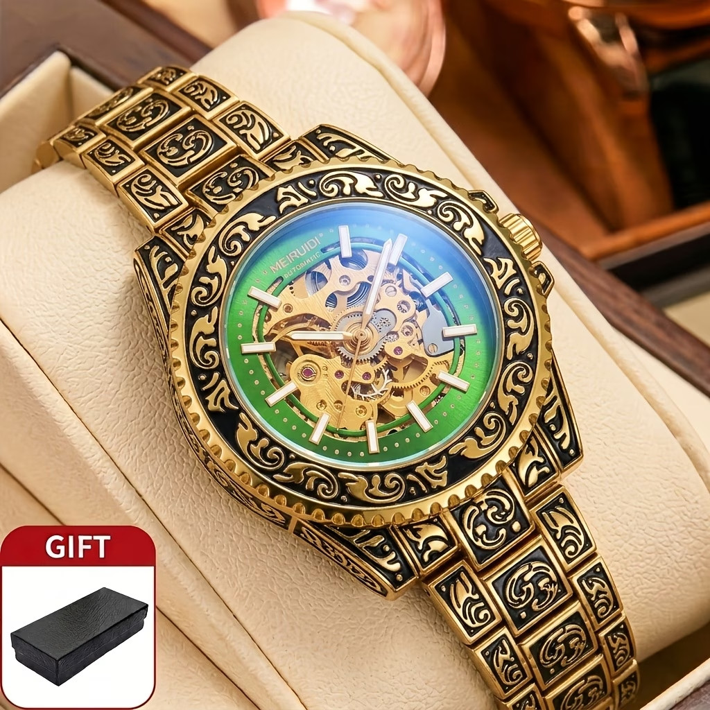 1pc Men Green Steel Belt Watch Featuring Retro Design Luminous Carved Mechanical