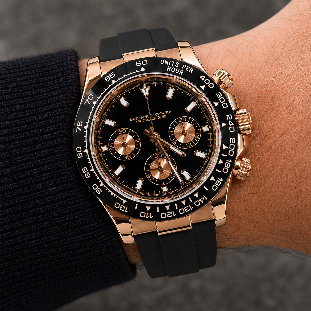 Custom Built – Rose Gold Black Chronograph Style – 40mm Sport Rubber Watch