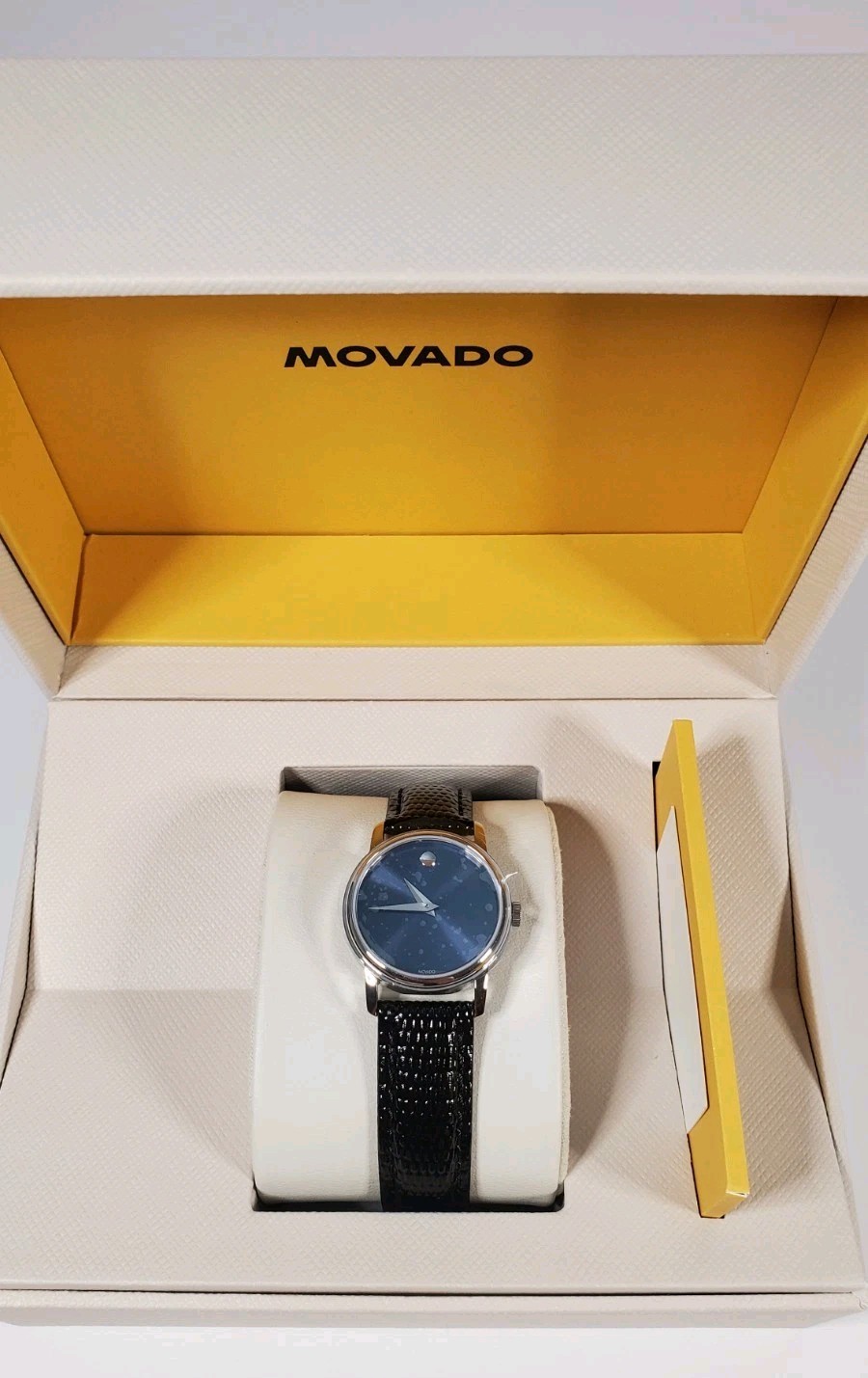 Movado Museum Blue Dial Black Leather Strap Women’s Swiss Watch 2100010 NWT